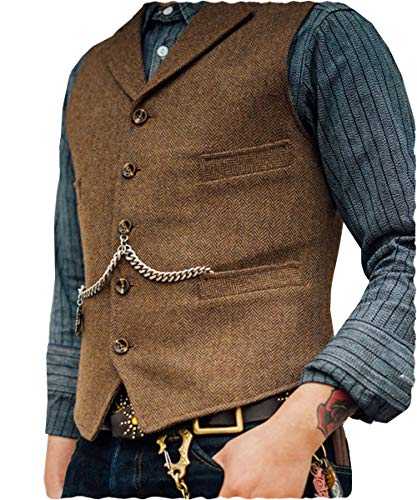 AeoTeokey Classic Mens Wool Tweed Suit Vest Casual Sleeveless Jacket Herringbone Waistcoat for Tuxedos