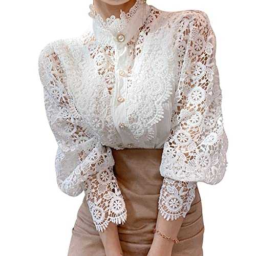 Women Lace Blouse Ruffle 3/4 Sleeve Vintage Stand Collar Tunic Tops Casual Hollow Out Flower Patchwork Button Down Shirts Loose Puff Blouses