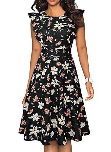 YATHON Women's Vintage Ruffle Floral Flared A Line Swing Casual Cocktail Party Dresses