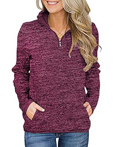 iWoo Womens Casual Sweatshirt Long Sleeve Stand Collar 1/4 Zip Cosy Tops Pullover with Two Pockets