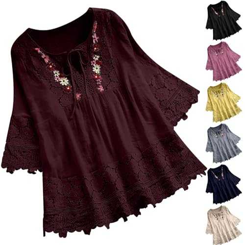 Women Vintage Lace Patchwork Bow V Neck Three Quarter Blouses Top T Shirt Women Long Sleeve