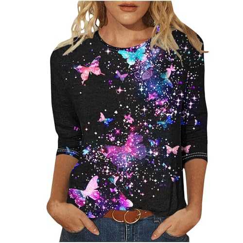 Sequin Print 3/4 Sleeve Tops Summer Blouse Plus Size Womens Tunic UK Sale Three Quarter Sleeve Tee Shirts for Women UK Clearance Loose T-Shirt Crewneck Patchwork Shirt Blouses Casual Top Tees