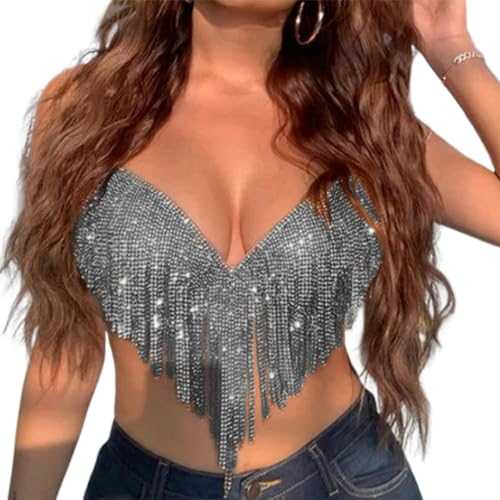 Sequin Halter Top Women Glitter Sparkle Tassel Top Sparkly Rhinestones Crop Top Halter Neck Crop Top Body Chains Top V Neck Sexy Crop Top Camisole Tank Top Backless Shirt for Ladies Vest Night Out