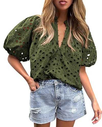 FANOIES Women's Summer Tops Dressy Casual Short, Lantern Sleeve V Neck Buttons Hollow Out Lace Embroidered Blouses Shirts