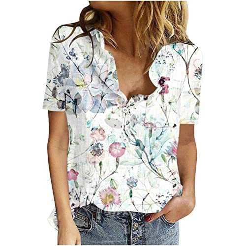 NQyIOS Women Tops Women's Button Up Cotton and Linen Short Sleeve Printed Floral Blouse with Pocket Three Quarter Sleeve Tops for Women Women's Shirts