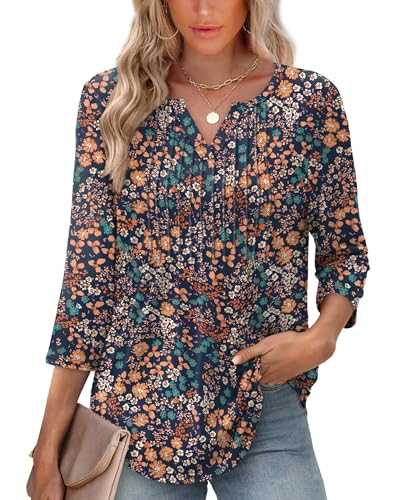 XIEERDUO Womens 3/4 Sleeve Tops 2025 V-Neck Summer Outfits Casual Pleated Shirts Blouses Beach Vacation Fall Fashion Clothes
