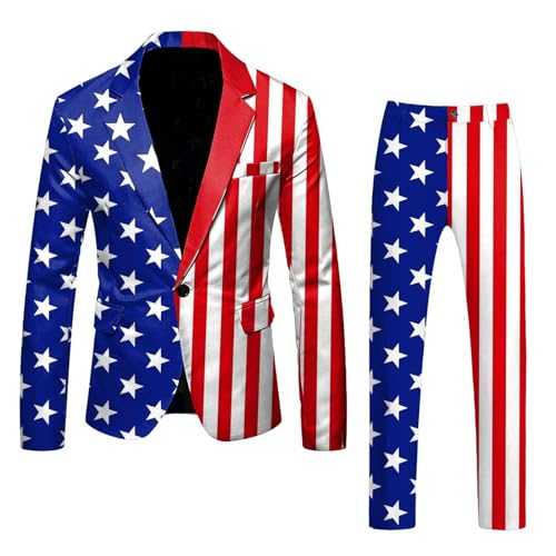 Male Independence Day Long Sleeve Coat and Pants Two Piece Suit Printed Button and Pockets Suit for Holiday Party Events Teen Boy Suits Slim Fit