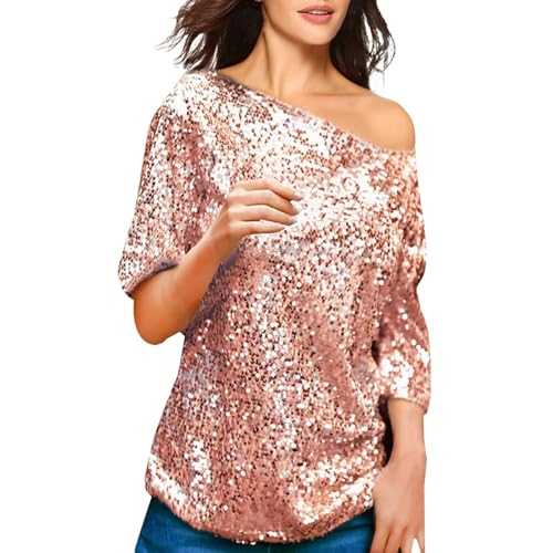 Sequin Shirt Women's Pink | Women's Evening Blouse with Glitter Party | Glitter Outfit Elegant Sweatshirt Off Shoulder Shirt Blouse Loose Blouse Shirt Short Sleeve Top Plain T-Shirt Glitter Top