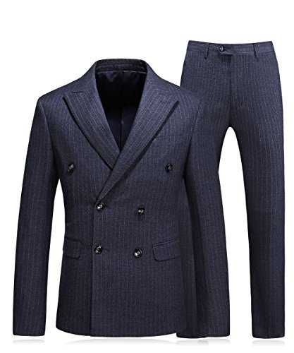 HOTK Men's Suits Handsome Wedding Navy Blue Pinstripe Double Breasted Slim Fit 3 Piece Business Foraml Suits