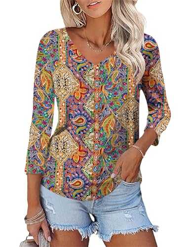 Rapbin Women Tops 3/4 Sleeve Tunic Tops for Ladies Blouses Loose Fit V Neck 2025 Summer Floral Shirts