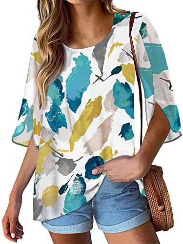 CHICGAL Womens Tops Dressy Casual Summer Chiffon Blouse 3/4 Sleeve Loose Mesh Tunic Shirts