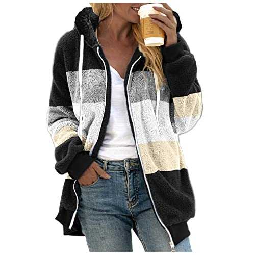 Navy Zip Up Hoodie Plus Size Women Color Blocking Outerwear Teddy Bear Autumn Winter Comfortable Overcoat Oversized Fluffy Thermal Hoodies Warm Soft Loose Hooded Tops Casual Sherpa Lined Coat