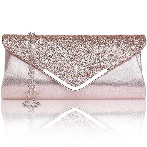 Larcenciel Women Clutch Bag Elegant Sequins Evening Clutch Purse Chain Shoulder Bags Sparkly Pink Evening Bridal Prom Party Handbag Purse