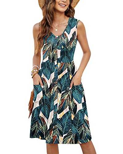 MOLERANI Summer Dresses for Women UK Sleeveless Ladies Dress Casual V Neck Beach Dress Swing Button Midi Sundress Dress with Pockets
