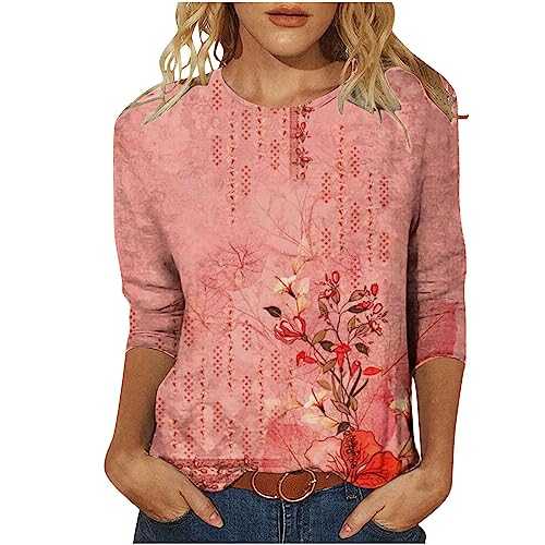 AMhomely Tops for Women UK Plus Size Elegant 3/4 Sleeve Round Neck Tops Blouses Lighweight Streetwear Floral Print Loose Fit Comfy T Shirts Fitness Golf Shirt