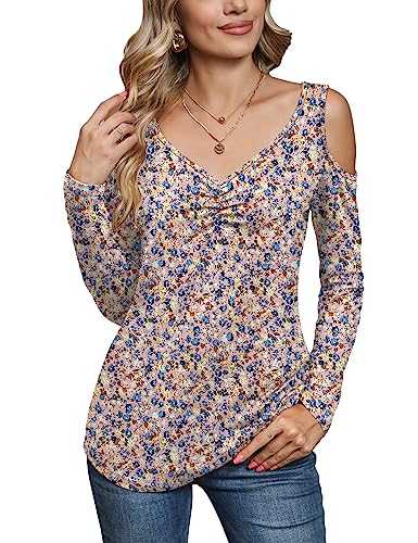 Micoson Cold Shoulder Tops for Women Summer Sexy Blouse Ladies Floral Ruched Shirts Classic Cute Tunic