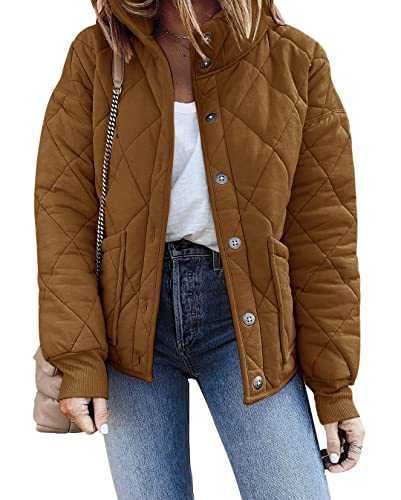 Womens Dolman Quilted Jackets Long Sleeve Casual Winter Lightweight Button Down Warm Puffer Coat