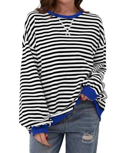 Oyamiki Women Oversized Sweatshirt Striped Crew Neck Jumper Color Block Long Sleeve T Shirts Loose Y2K Top Sweaters