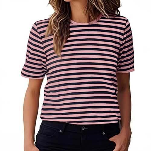 Womens Tops Short Sleeve Round Neck T-Shirt Trendy Stylish Striped Tees Dressy Casual Summer Top Baggy Tunic Blouse Elegant Pullover Shirt Holiday Beachwear Clearance