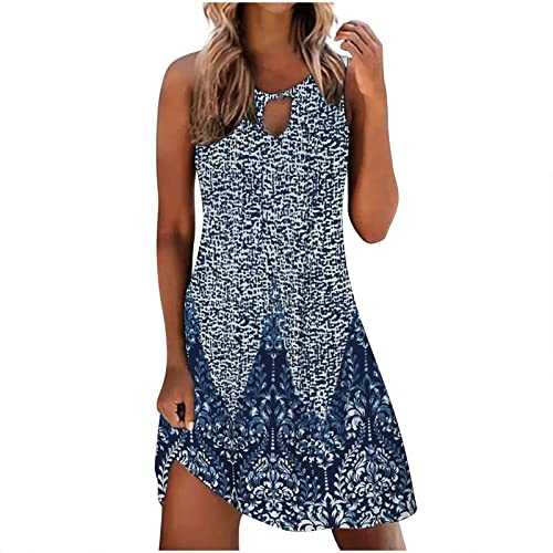 AMhomely Summer Dresses for Women UK Sleeveless Floral Print Sundress Flowy Keyhole Midi Tank Dress Casual Loose Beach Dress Mini Dress Sexy Cold Shoulder Boho Tshirt Dresses A Line Shift Tunic Dress