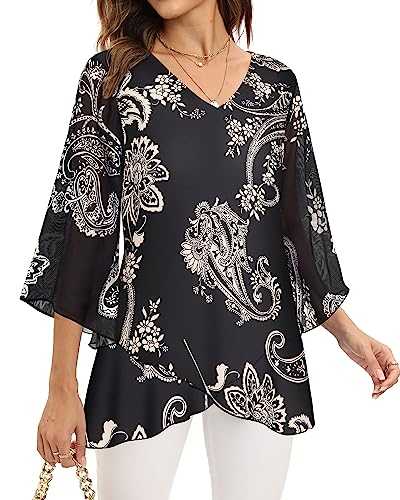 Miusey Dressy Tunic Tops For Women Elegant 3/4 Bell Sleeve Blouse Flowy Mesh Top