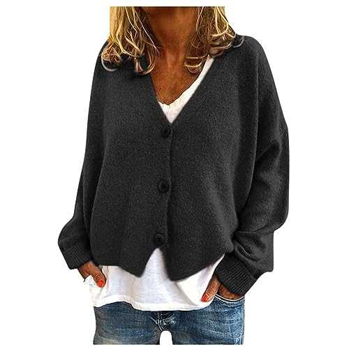 AMhomely Cardigan For Women UK Long Sleeve Open Front Sweatershirts Coats Plain Knitted Cropped Jumper Jacket Cardigan V Neck Button Down Cardigan Knitwear Solid Ribbed Cuffs Sweater Outwear
