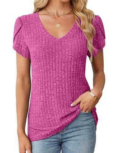 Gemulate Tops for Women Short Sleeve Tunic Top Ladies V Neck Tops Casual Ribbed Lightweight T Shirt Blouses S-2XL