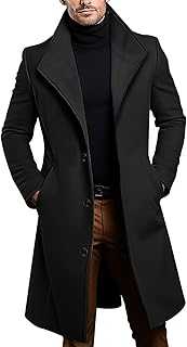 Mens Coat Wool Long Trench Coat with Pocket Casual Single Breasted Notched Lapel Collar Winter Plain Jacket Business Outdoor Office Jackets for Men Uk