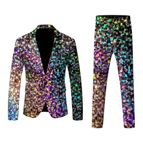 Rrongwn Men's 2-Piece Blazer Suit for Men 70s Disco Sets Suit Jacket Casual Blazer Outfits Sequins 70s Disco Glitter Jacket and Suit Trousers Elegant Jacket and Leisure Trousers Carnival Costume