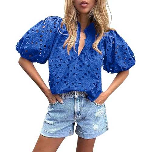 Blouse Women's Lace Lantern Sleeve Tops V-Neck Plain Blouse Half Sleeve T-Shirt Casual Loose Tops Tee Shirt