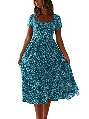 Colisha Womens Short Puff Sleeve Square Neck Floral Midi Dresses Flared Flowy Chiffon Maxi Dress Summer Beach Holiday Sundress