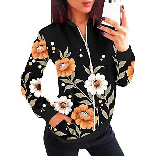 Women Loose Coat O Neck Zipper Long Sleeve Classic Floral Print Jacket Casual Top Daily Outwear Pockets Jacket Denim Vest Women Floor Length Coat Gifts for Women Sale Clearance Items Under 5 Pounds