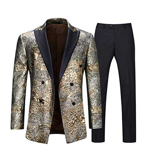 Sliktaa Mens Suits 2 Pieces Luxury Blazer Shiny Sequins Wedding Notched Lapel Gold Silver Tuxedo Jacket and Trouser