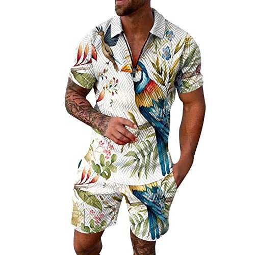 Chap Suit Casual Parrot Printing Zipper Drawstring Lapel Shirt And Shorts Two Piece Suit Men Suit Scarf