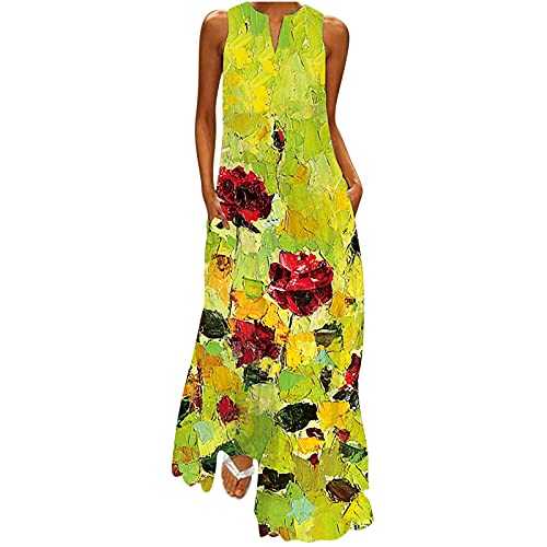 Ladies Dresses Full Length Off Shoulder Sleeveless Womens Maxi Dresses V Neck Vintage Printed Wrap Dress Women's Summer Dresses Plus Size Tank Dress Elegant