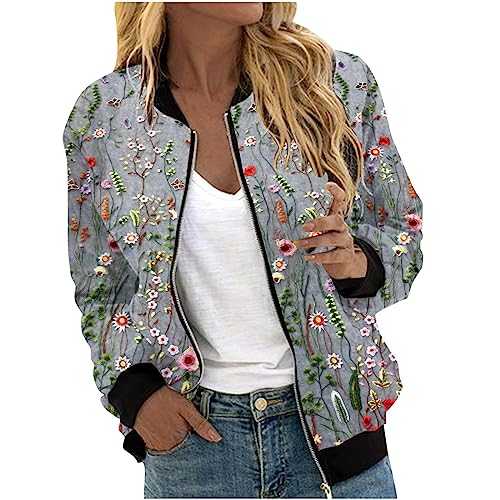 Keepink Ladies Bomber Jackets Size 8/16 Lightweight Long Sleeve Zip Up Coats Elegant Smart Jacket Autumn Winter Casual Military Outerwear Baggy Tops Women's Quilted Coat Pockets