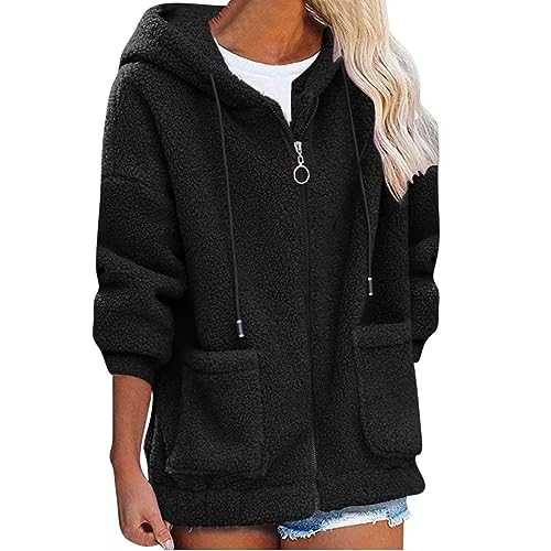 Sherpa Jacket for Women UK Clearance Fuzzy Fleece Teddy Coat with Pockets Zip Up Hoodie Ladies Winter Warm Fur Jacket Hooded Oversized Cardigan Solid Lightweight Coats Loose Fluffy Outwear