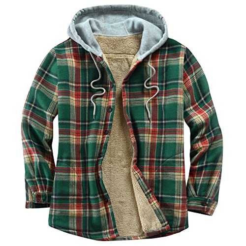 Derbars Men's Cotton Plaid Shirts Jacket Fleece Lined Flannel Shirts Sherpa Button Down Jackets with Hood for Men