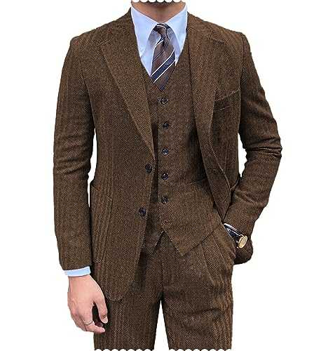 Mens Suit 3 Pieces Formal Tweed Herringbone Slim Fit Suit Prom Tuxedos Groomsmen