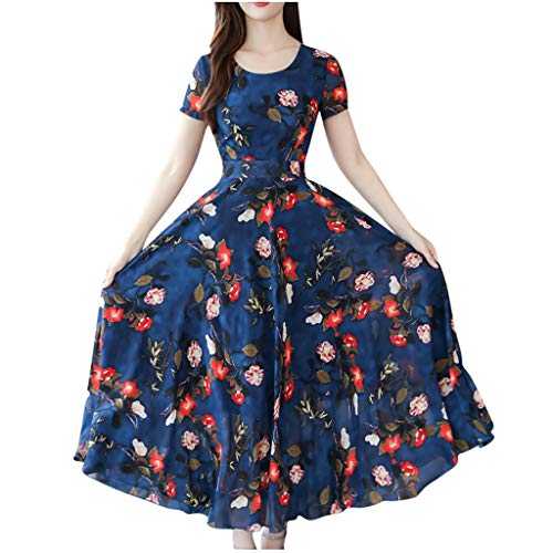 Zhsxertwy Midi Dresses for Women UK Elegant V Neck Short Sleeve Flowy Maxi Sundress High Waist Floral Print Summer Casual Party Ladies Swing Dress Long