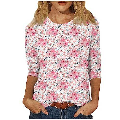 KEXIMIXUE Y2k Top Plus Size Work Comfy Elegant Tops Three Quarter Sleeve Summe Blouses Print Loose Round Neck T Shirt