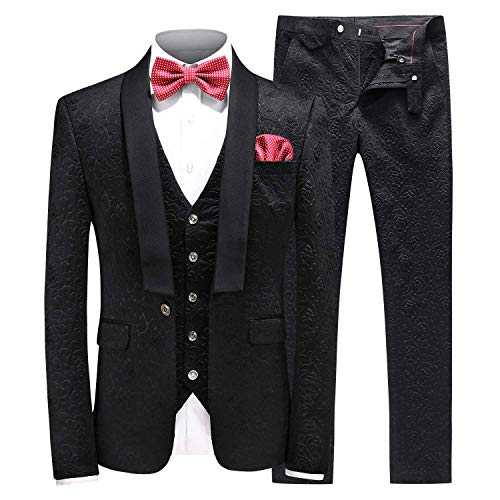 Pkrboro Men's Jacquard 3-Piece Suit Shawl Lapel One Button Slim Fit Tuxedos