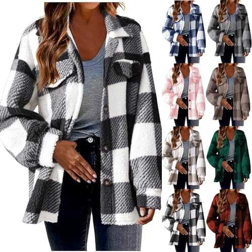Womens Long Flannel Plaid Jacket Shacket Cozy Lapel Button Down Shirt Jacket Fuzzy Trench Coat Long Sleeve Winter Tartan Jacket Woolen Pea Coats Ladies Hoodie Shirts Checked Tops