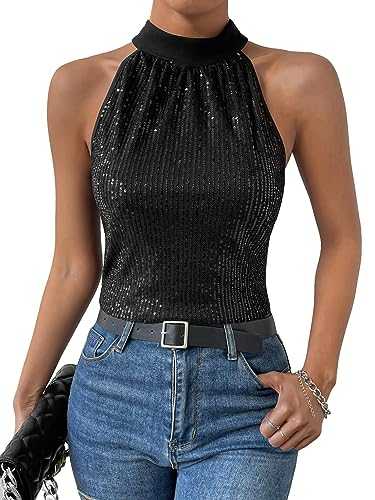 GORGLITTER Women's Sequins Vest Top Halterneck Sleeveless Tie Back Sparkly Top Night Out Party Top