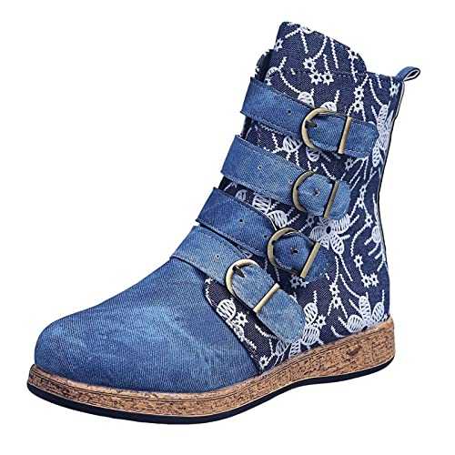 Boots for Women Casual,Retro Women Flowers Print Embroidery Flat Zipper Keep Warm Middle Tube Booties Round Toe Shoes,Winter Ankle Snow Hiking Boots Warm Non Slip Soft Lined