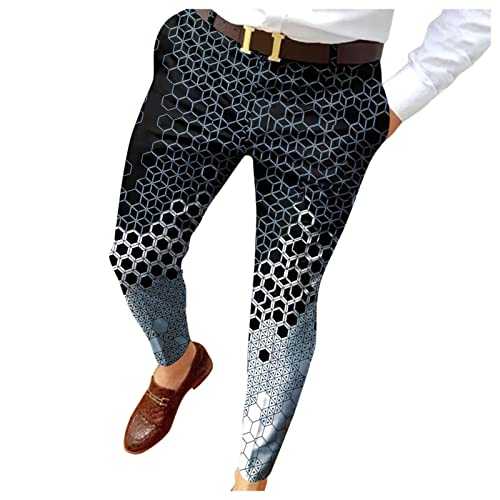 Checked slip-on trousers, men's slim fit print, zip, button trousers, suit trousers, men's casual fashion long trousers, evening trousers, White, L