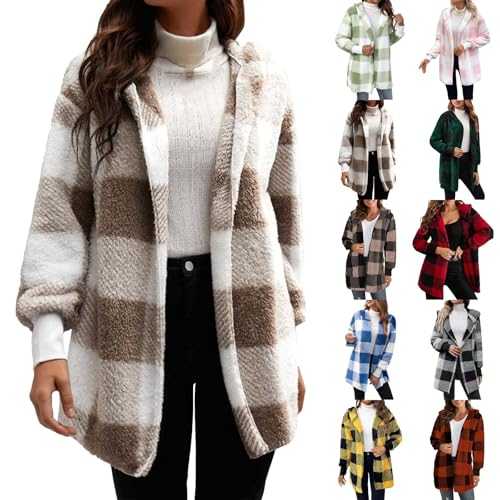 SDERG Winter Jackets for Women Uk Sale Fuzzy Fleece Plaid Jacket Coat Without Pockets Winter Open Front Hooded Sweatshirts Long Sleeve Checked Hoodie Coats for Women Uk