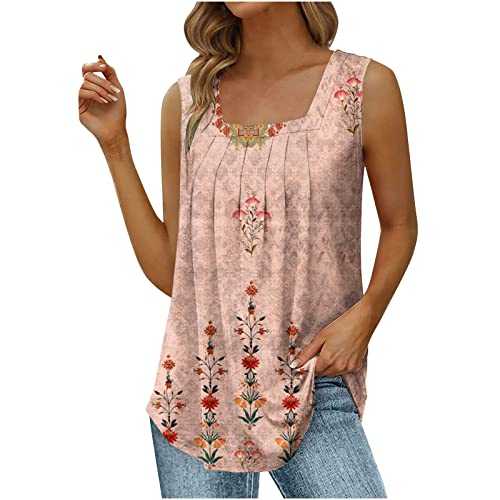 Ladies Tops Size 18 UK Summer Casual Tank Tops Loose Fit Pleated Square Neck Sleeveless Shirts Tops Floral Vest Hollow Out Shirt Top Blouse Breathable Hawaii Tshirt Hiking