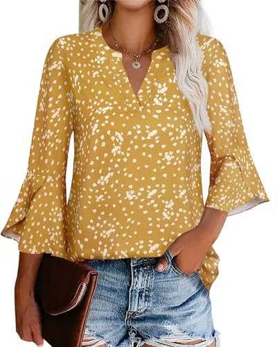 Gaharu Women's Work Blouses Ruffle 3/4 Sleeve Dressy Top V Neck Casual Chiffon Tunic Blouses Business Shirts