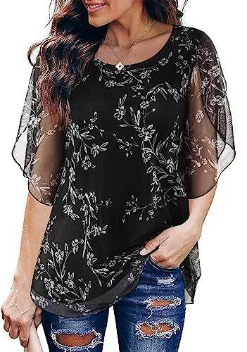 SeSe Code Womens Ruffle 3/4 Sleeve Mesh Blouse Loose Flowy Tops with Elastic